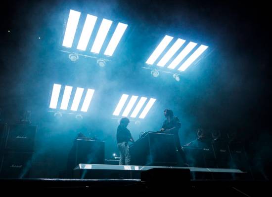 French electronic duo Justice performs at the Downtowner stage during the first day of the annu ...