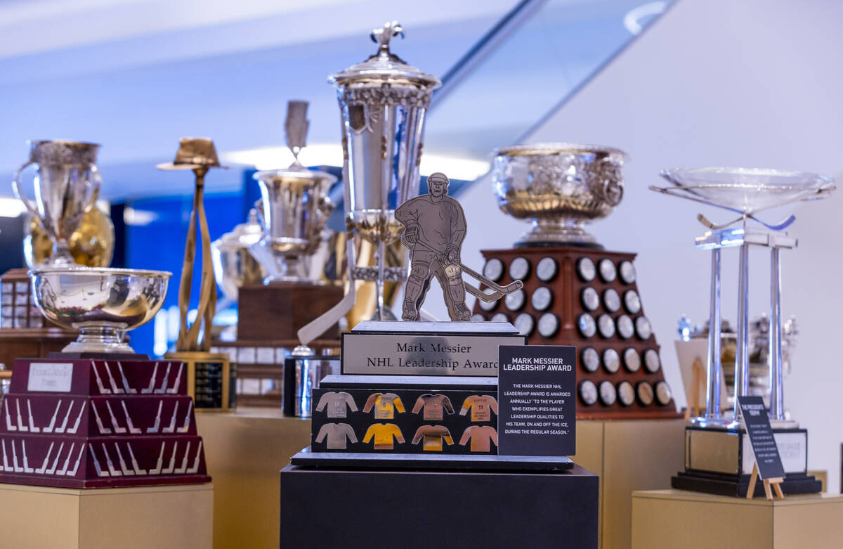 The Mark Messier Leadership Award is one the 18 NHL trophies on display as the awards event is ...