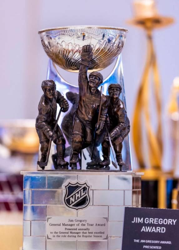 The Jim Gregory Award is one the 18 NHL trophies on display as the awards event is tomorrow nig ...
