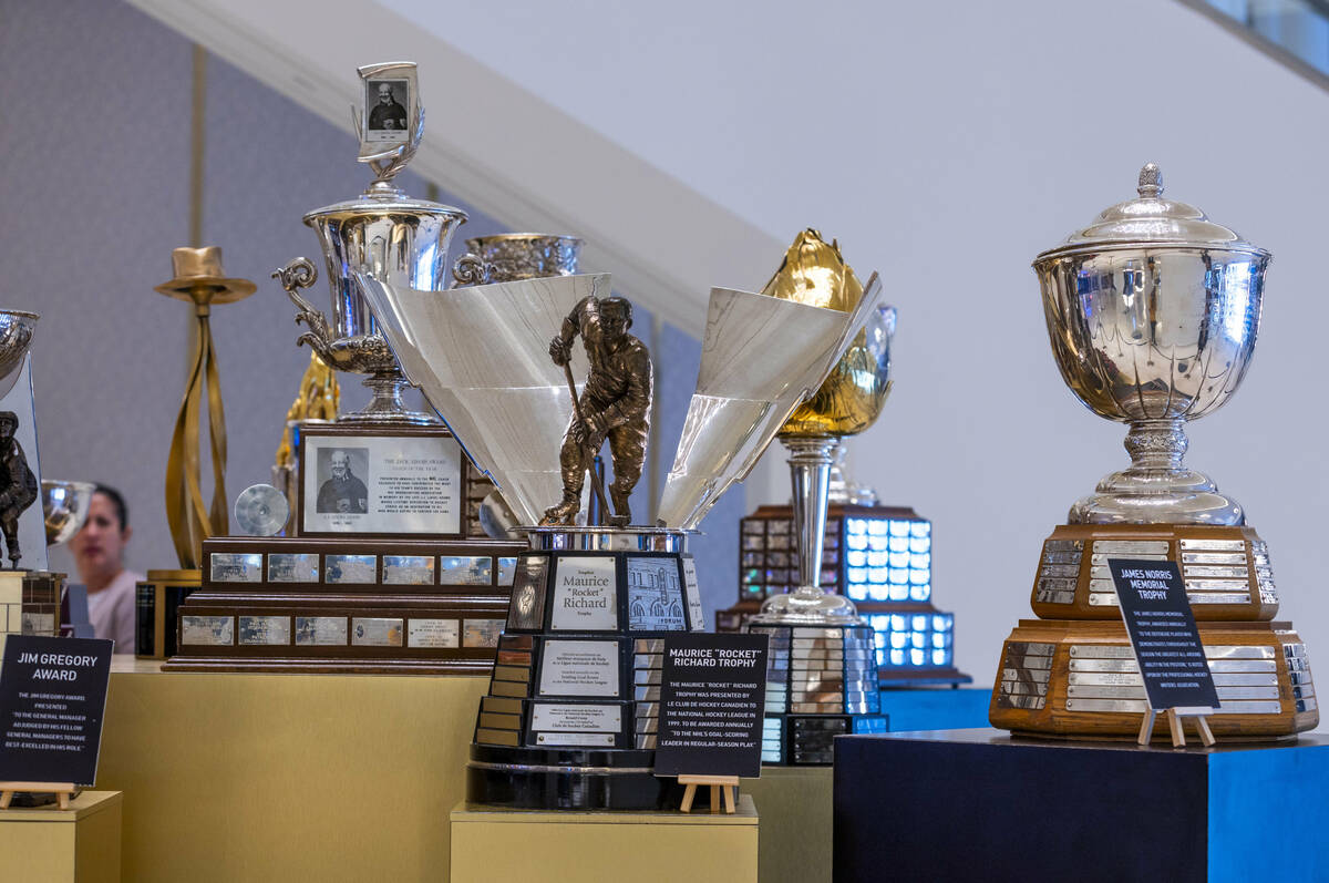 The Maurice "Rocket" Richard Trophy, center, is one the 18 NHL trophies on display as ...