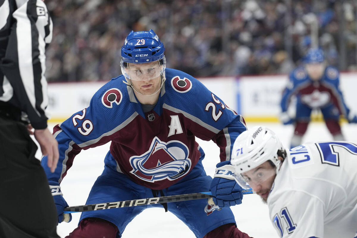 Colorado Avalanche center Nathan MacKinnon (29) in the third period of an NHL hockey game on Mo ...
