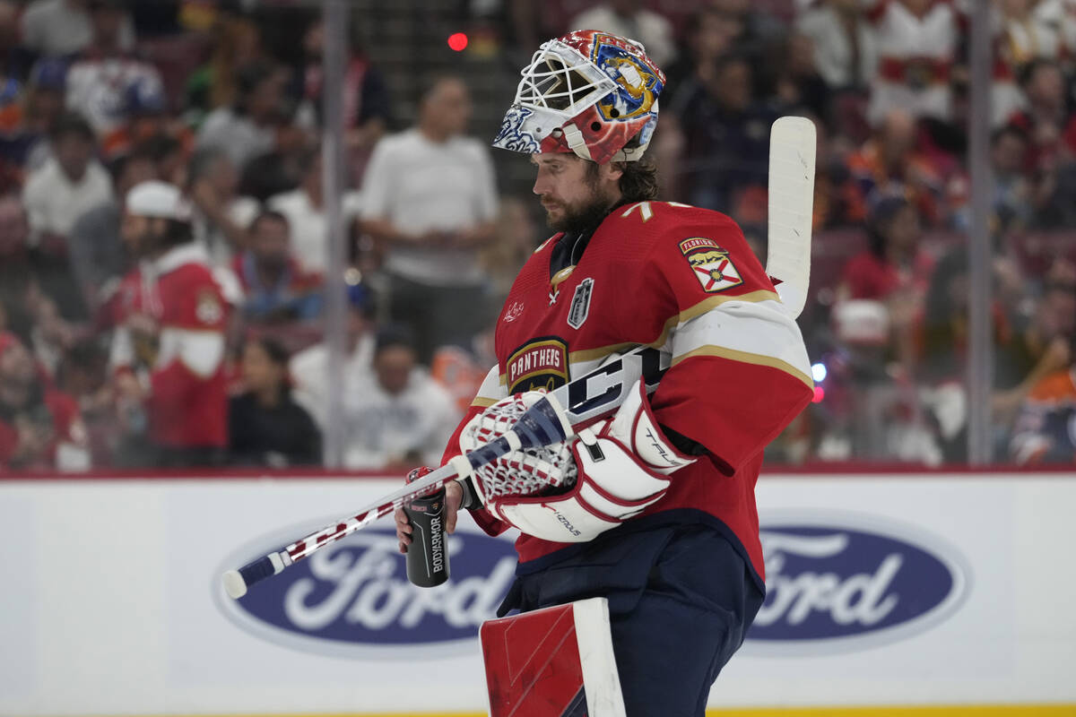 Florida Panthers goaltender Sergei Bobrovsky (72) skates on the ice during a time out during th ...