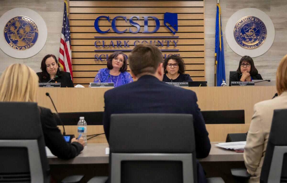 District representatives are questioned by the Clark County School Board during a board meeting ...