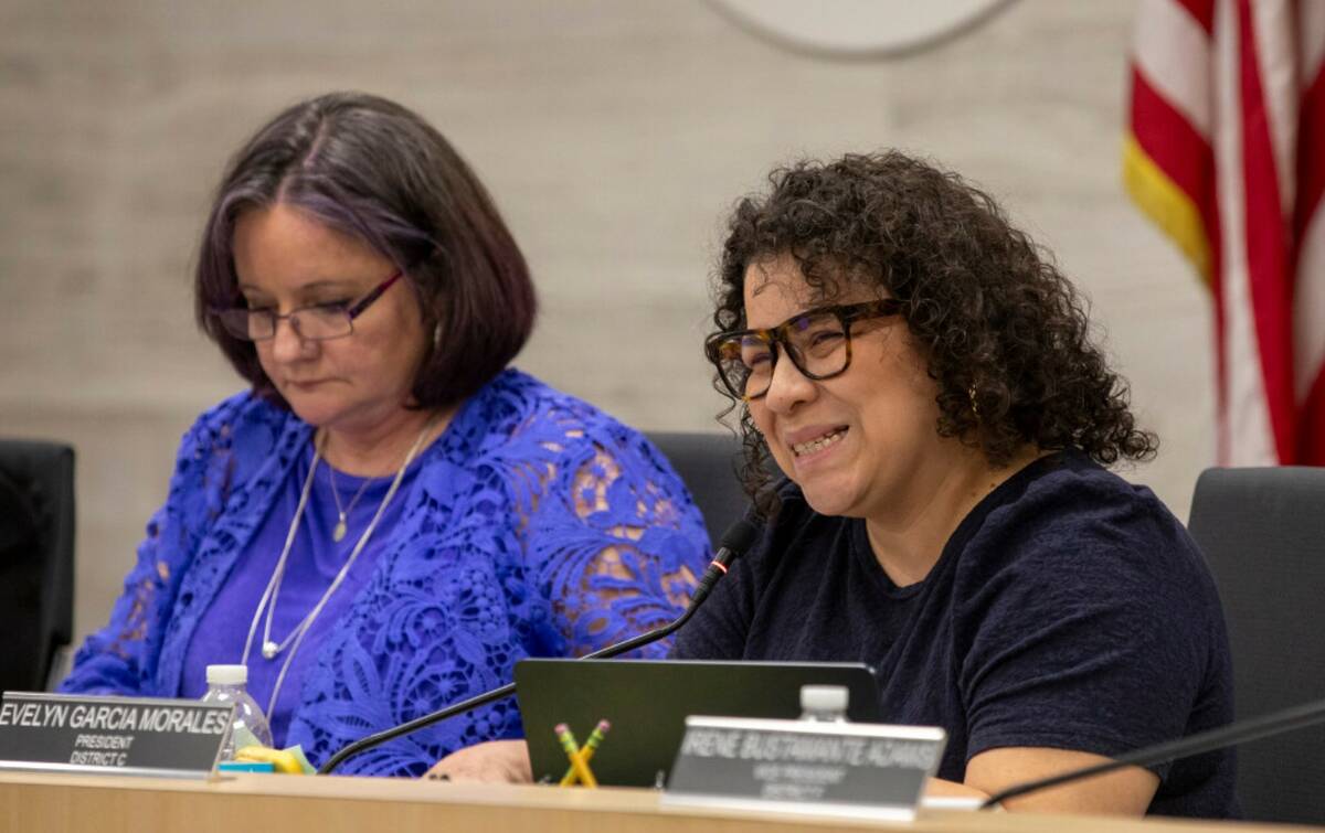 Board president Evelyn Garcia Morales questions district representatives during a Clark County ...