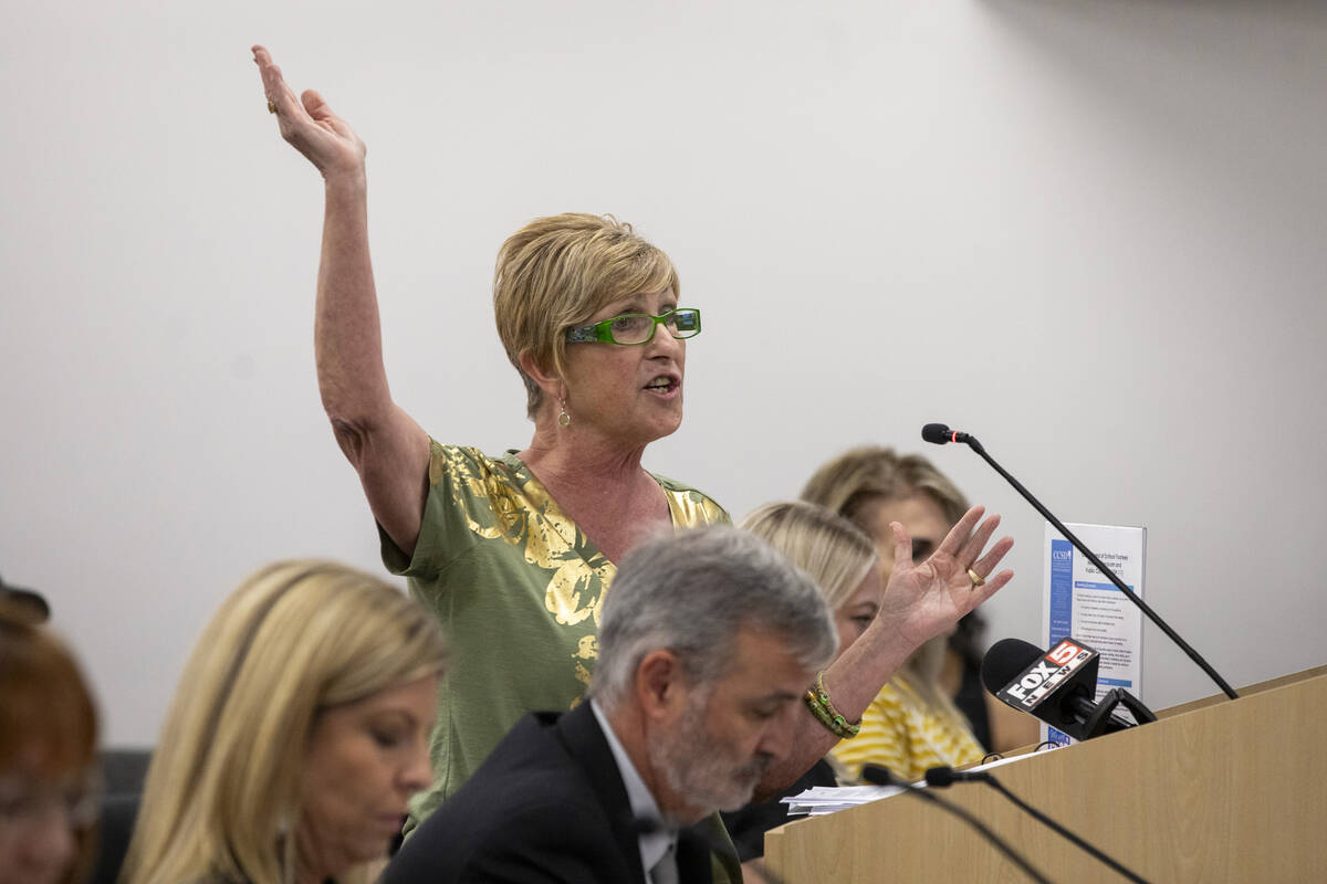 Chris Giunchigliani, a retired Lundy Elementary School teacher, speaks during a Clark County Sc ...