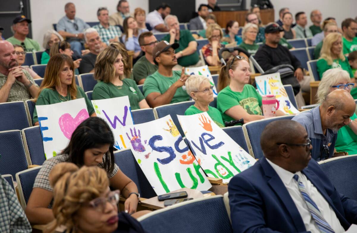 Members of the Mt. Charleston community listen during a Clark County School Board meeting at th ...