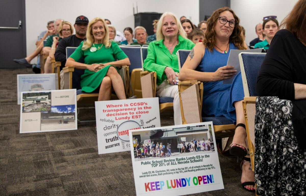 Members of the Mt. Charleston community wait for a Clark County School Board meeting to begin a ...