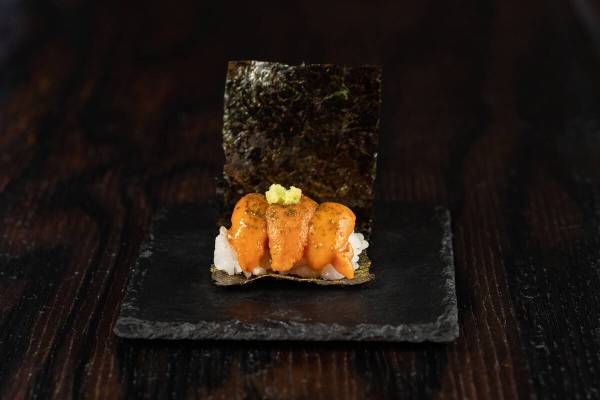Japanese sea urchin with roasted nori and freshly grated wasabi root is being served at the Sus ...