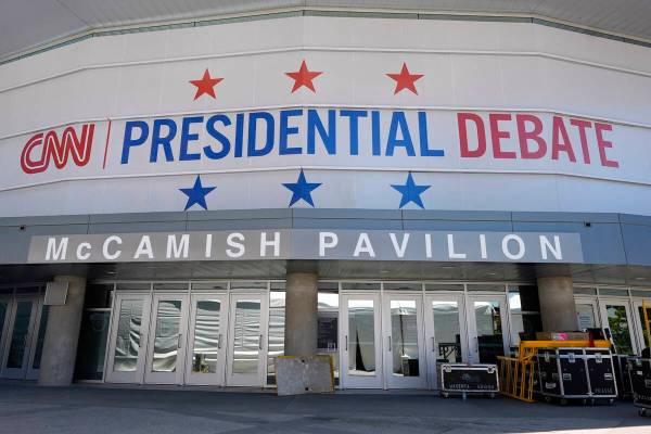 Signage outside the media file center for the upcoming presidential debate is seen near the CNN ...