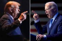 This combination of photos taken in Columbia, S.C. shows former President Donald Trump, left, o ...