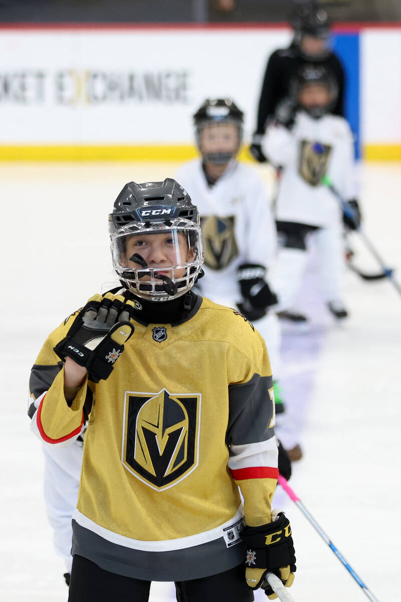 Young hockey players wave on the ice during the NHL Draft Prospect Youth Hockey Clinic at City ...