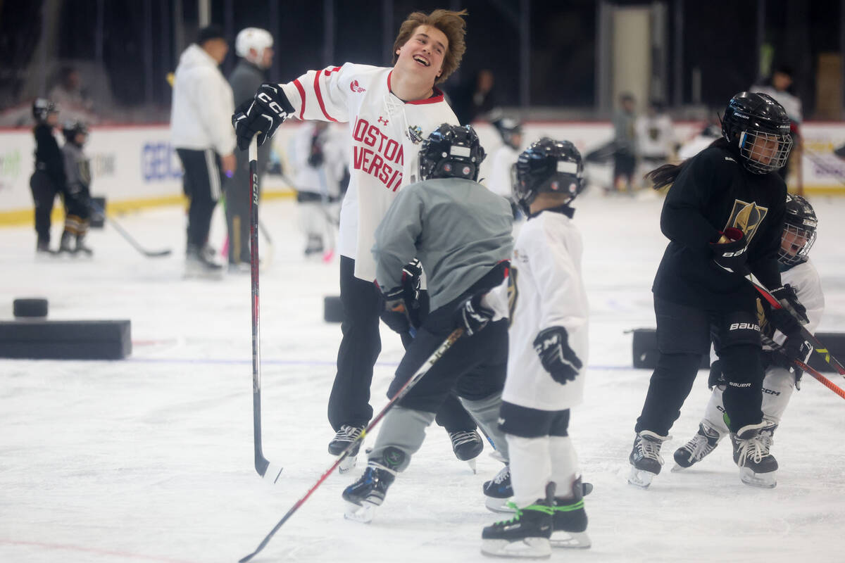 Macklin Celebrini, the presumptive No. 1 pick in the upcoming NHL Draft, skates with young hock ...