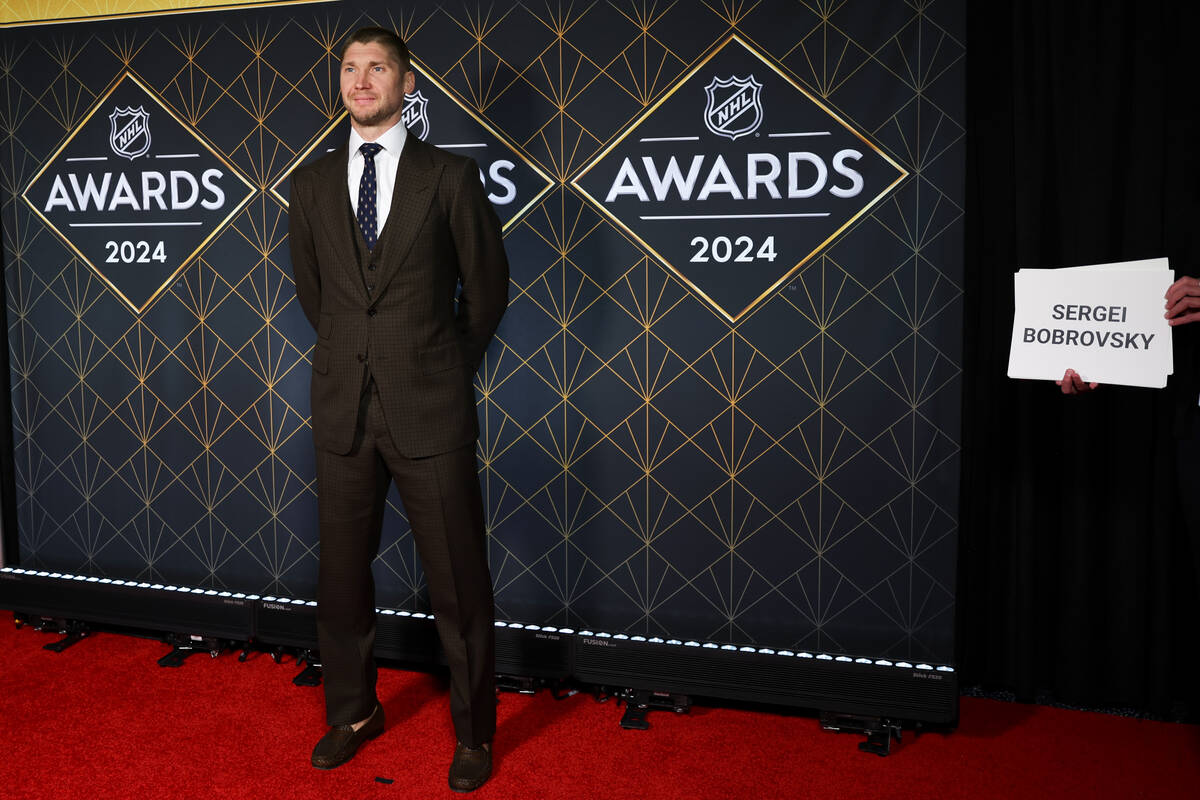 Florida Panthers goaltender Sergei Bobrovsky poses on the red carpet before the NHL Awards at F ...