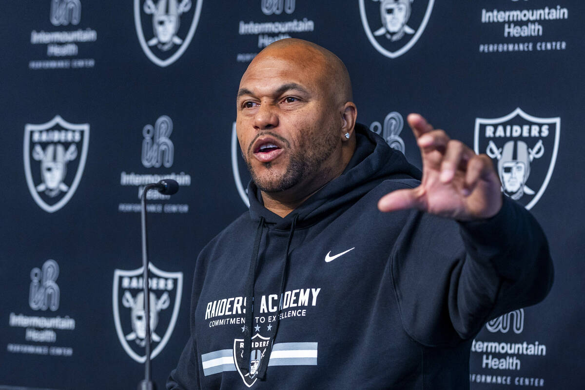 Raiders head coach Antonio Pierce responds to a media question during a press conference from t ...