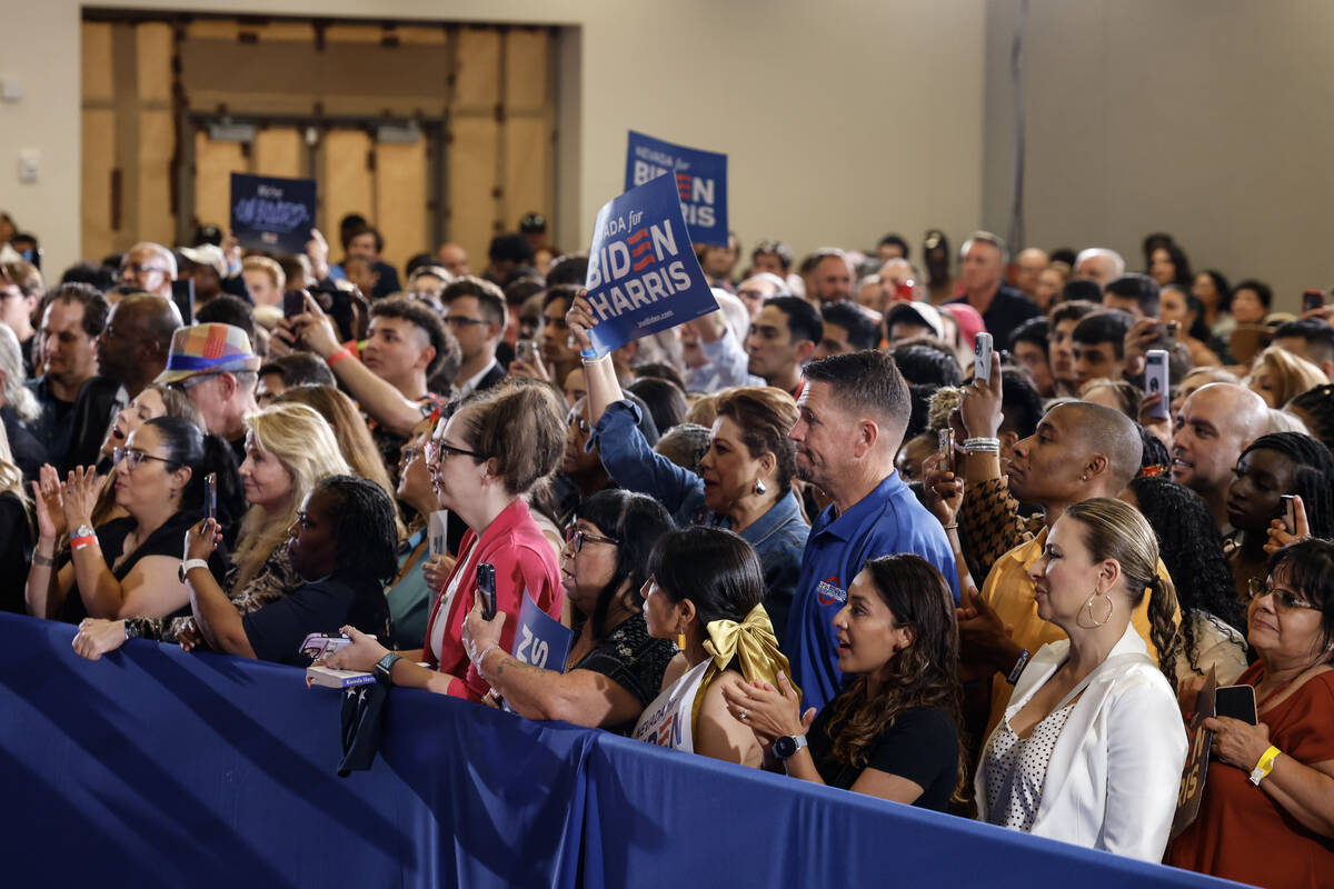 A crowd listens as Vice President Kamala Harris speaks at the East Las Vegas Community Center F ...