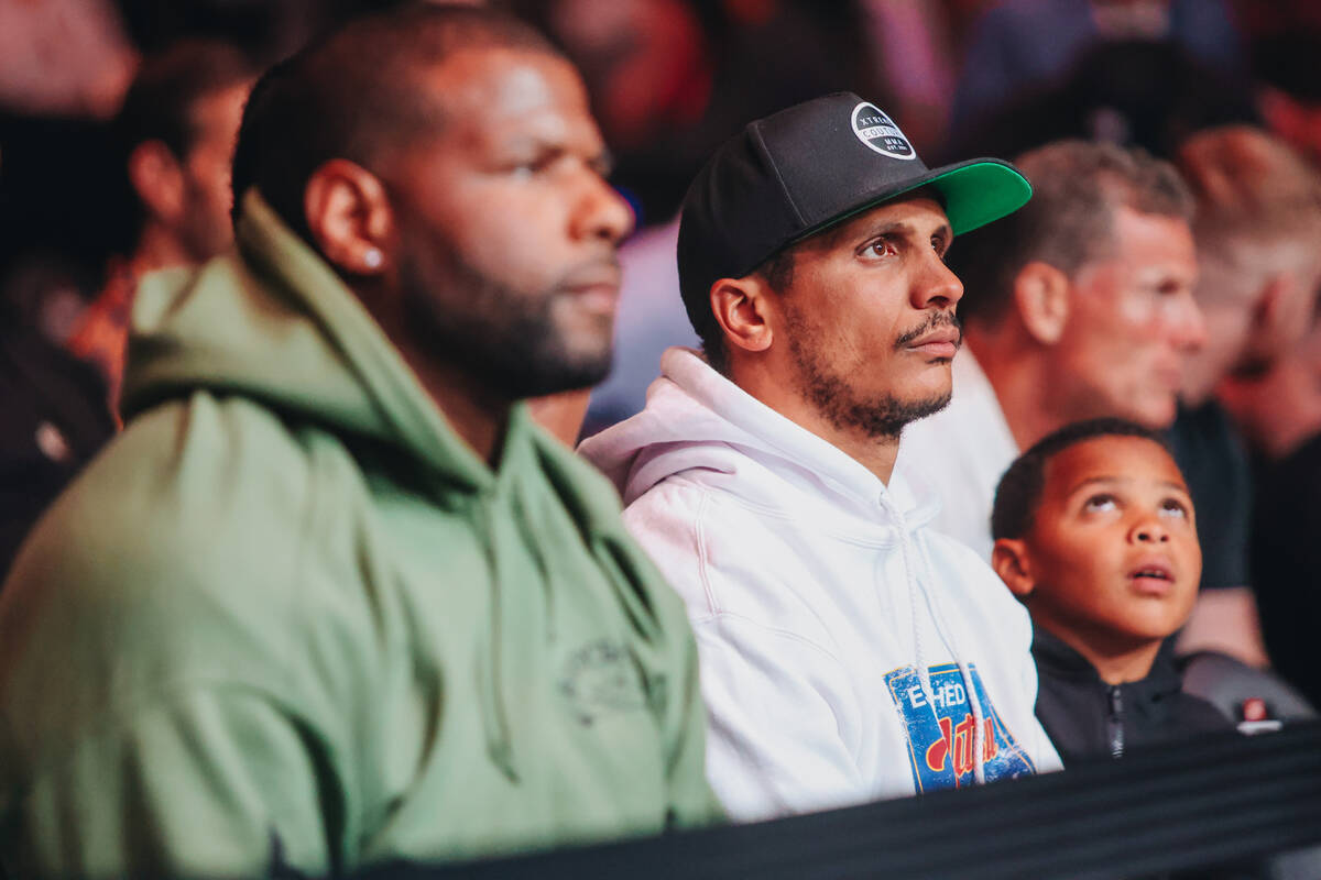 Boston Celtics head coach Joe Mazzulla watches a bout at UFC 303 at T-Mobile Arena on Saturday, ...