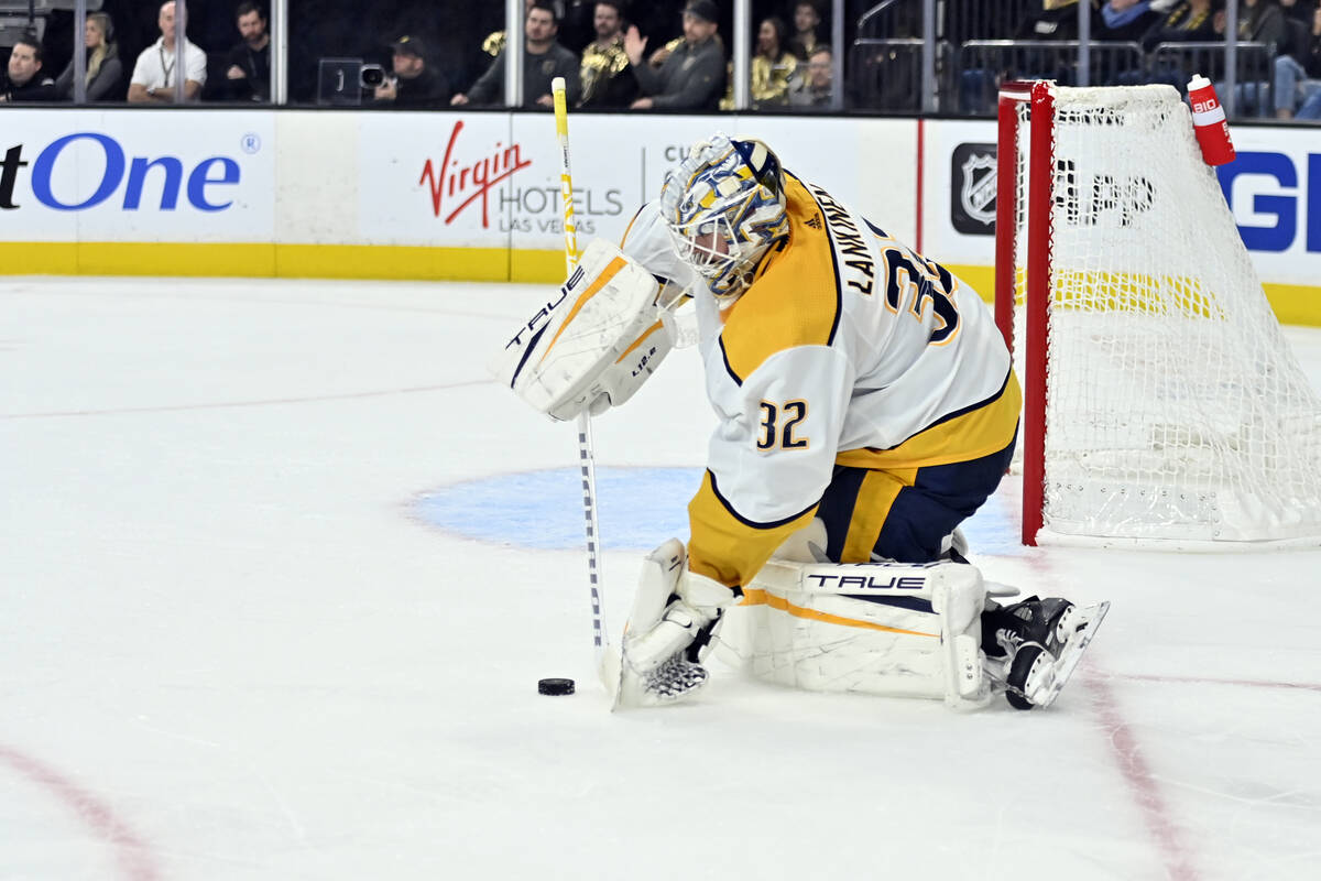 Nashville Predators goaltender Kevin Lankinen (32) defends the goal against the Vegas Golden Kn ...