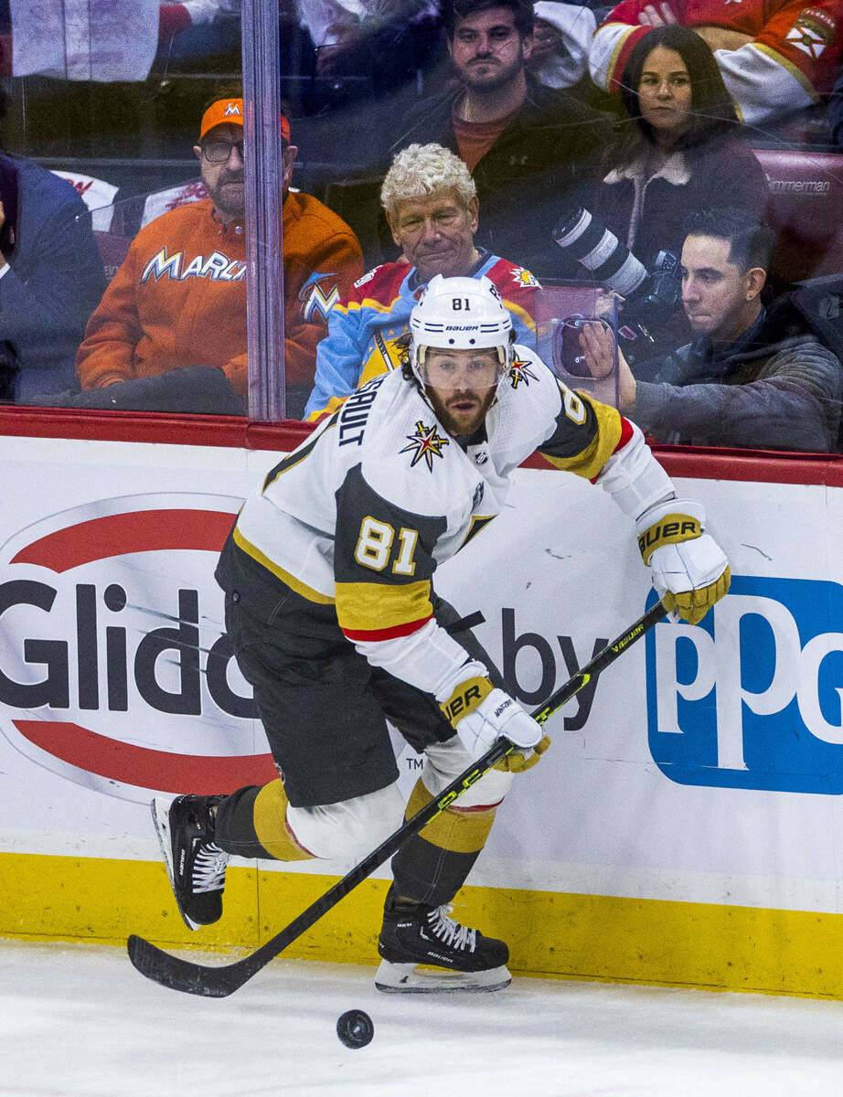 Golden Knights right wing Jonathan Marchessault (81) drives with the puck against the Florida P ...