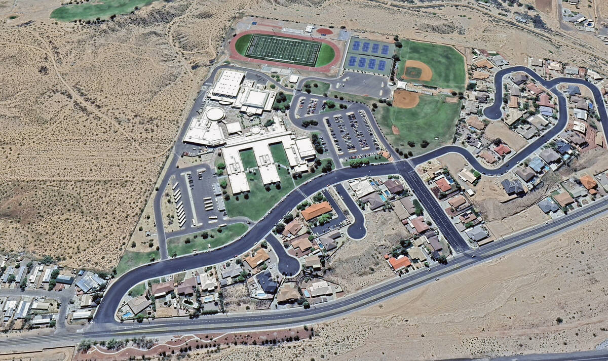 An aerial view of Virgin Valley High School in Mesquite. The campus is located on the Nevada-Ar ...