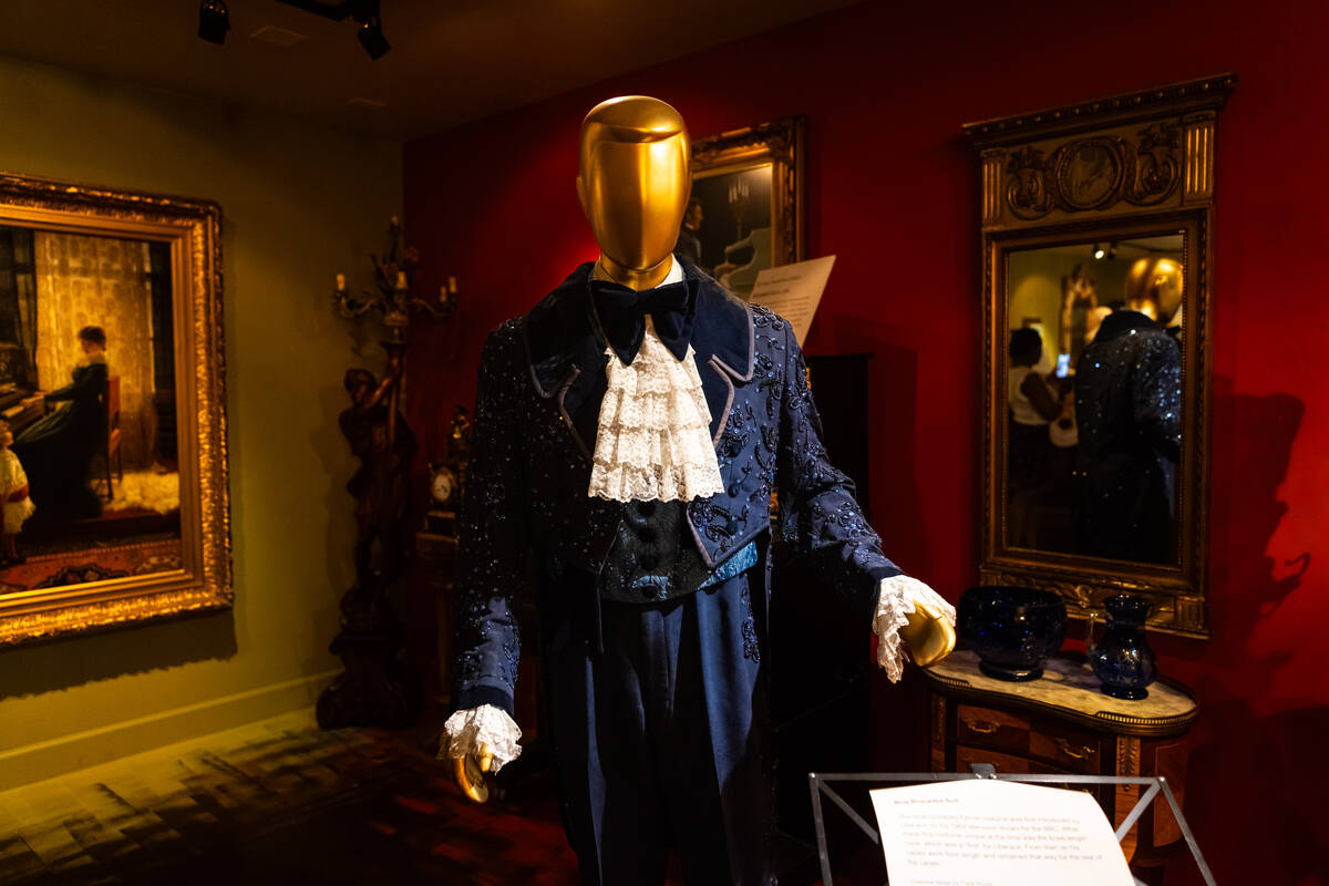 A blue brocaded suit, first introduced by Liberace in 1969, is seen during a tour of the Libera ...