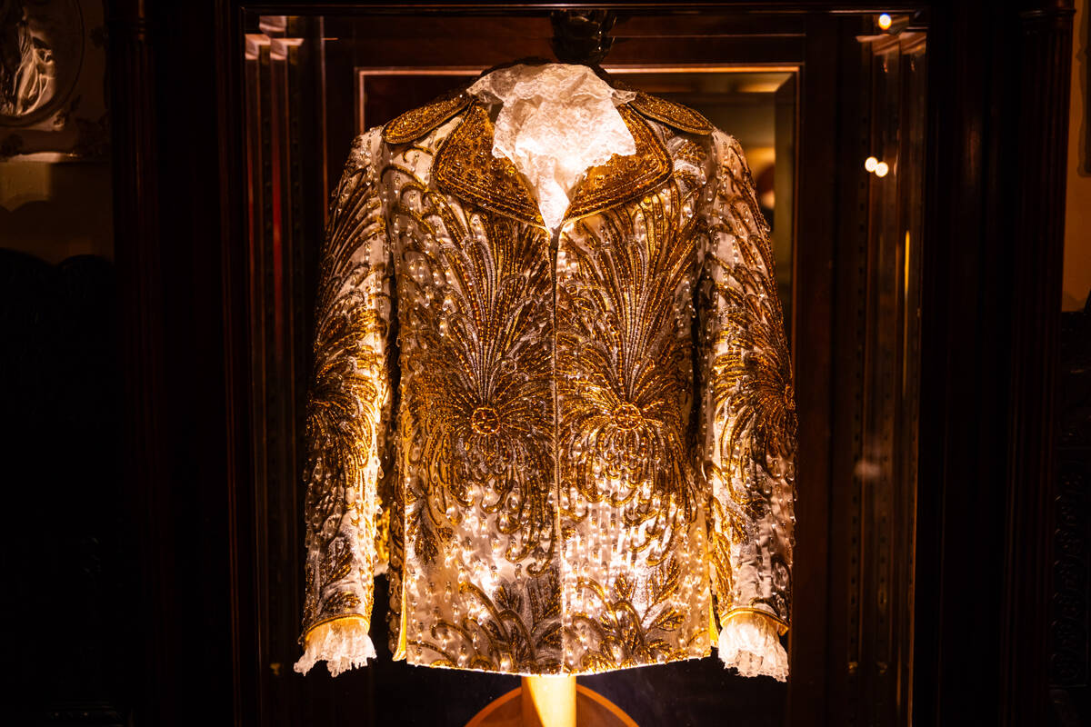 An embroidered and bejeweled jacket is seen during a tour of the Liberace Museum Collection at ...