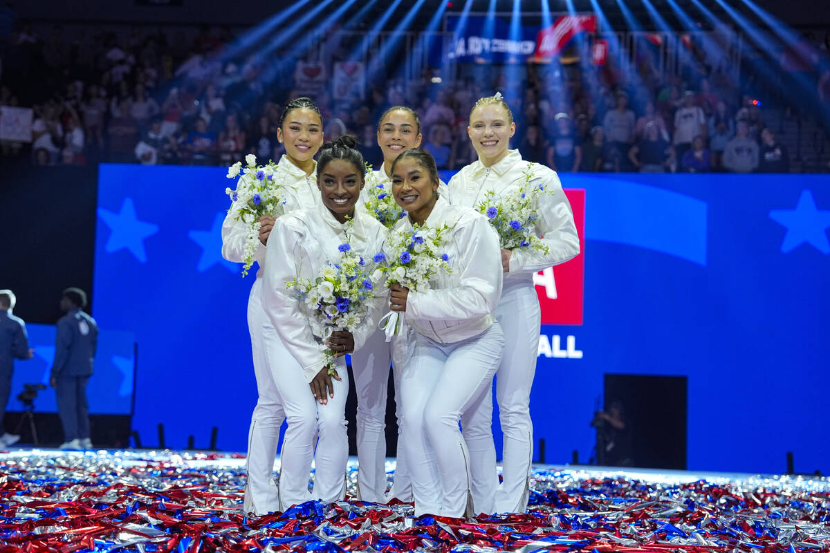 The U.S. women's team from left to right, Suni Lee, Simone Biles, Hezly Rivera, Jordan Chiles a ...