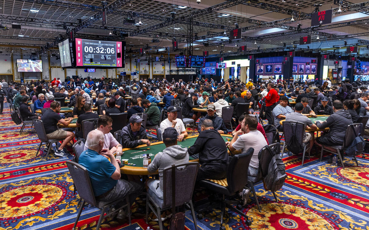 Play continues during the WSOP opening event Champions Reunion No-Limit Hold’em Freezeou ...