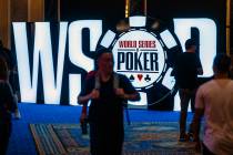 Logo for the WSOP during the opening event Champions Reunion No-Limit Hold’em Freezeout ...