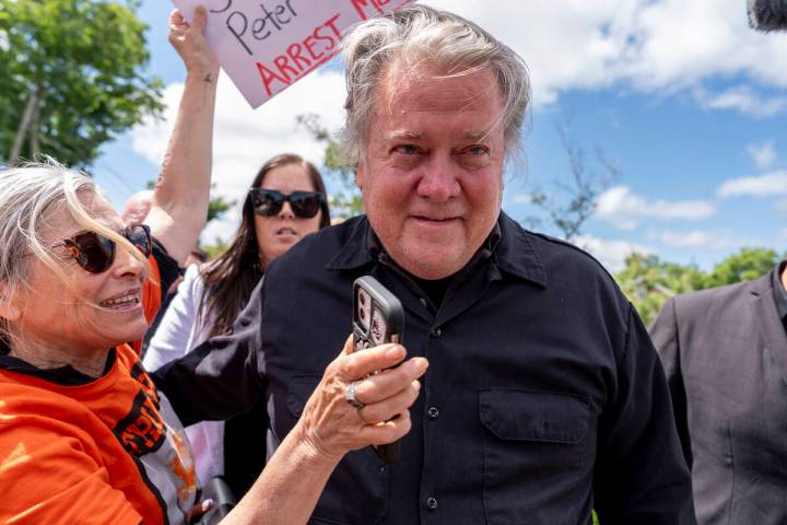 Steve Bannon arrives to speak outside Danbury Federal Correctional Institution, Monday, July 1, ...