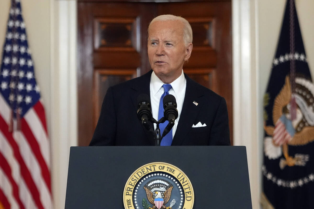President Joe Biden speaks in the Cross Hall of the White House Monday, July 1, 2024, in Washin ...