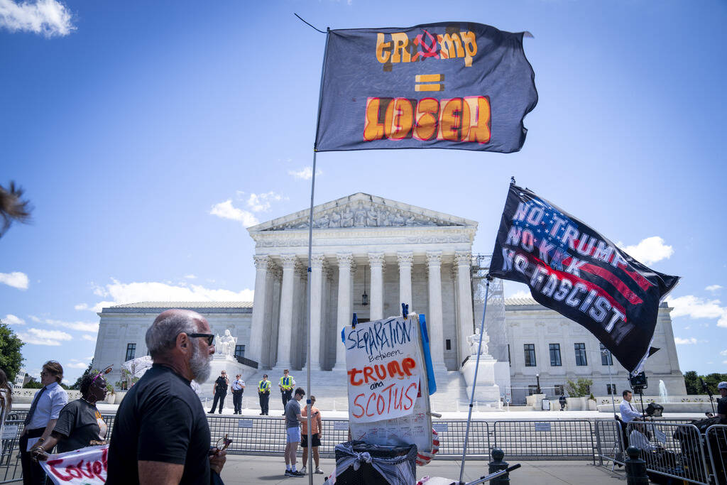People protest outside of the Supreme Court, Monday, July 1, 2024, after court decisions were a ...