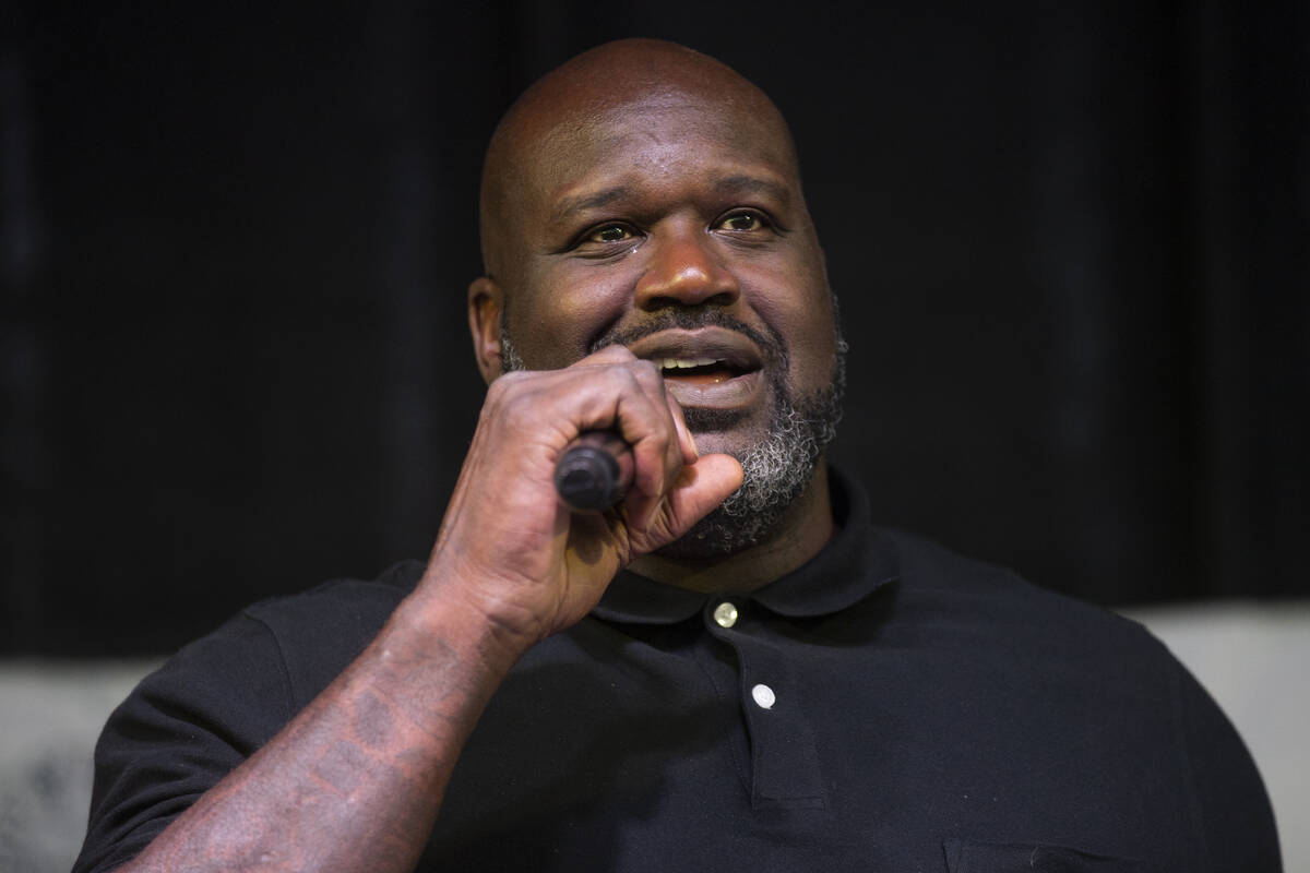Shaquille O’Neal gives a speech during an event at the Doolittle Complex basketball courts in ...