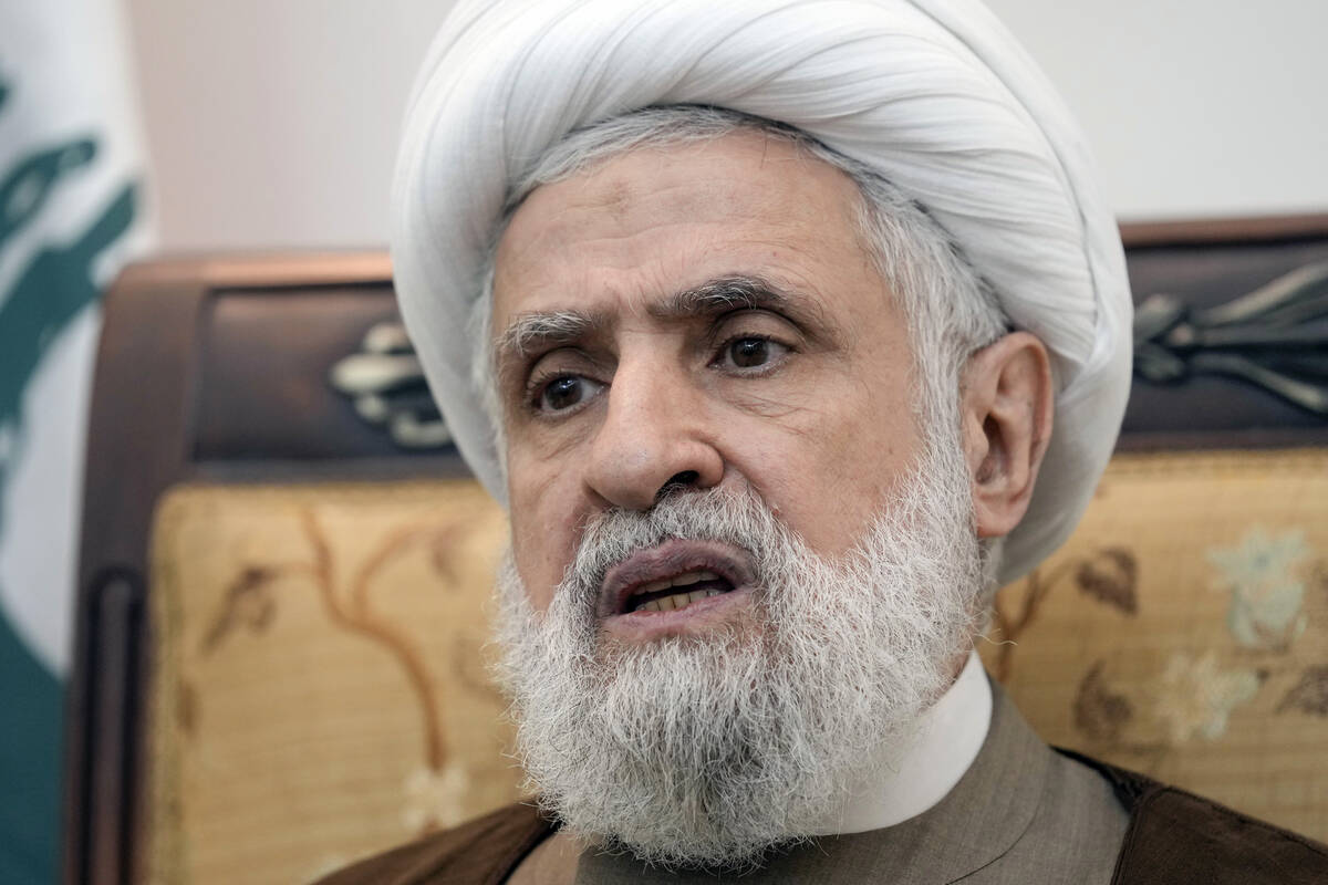 Hezbollah's deputy leader Sheik Naim Kassem, speaks during an interview with The Associated Pre ...