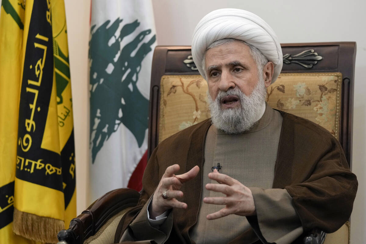Hezbollah's deputy leader Sheik Naim Kassem, speaks during an interview with The Associated Pre ...