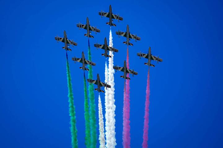 Aircraft of The Frecce Tricolori (Tricolor Arrows) Italian Air Force aerobatic squad fly above ...