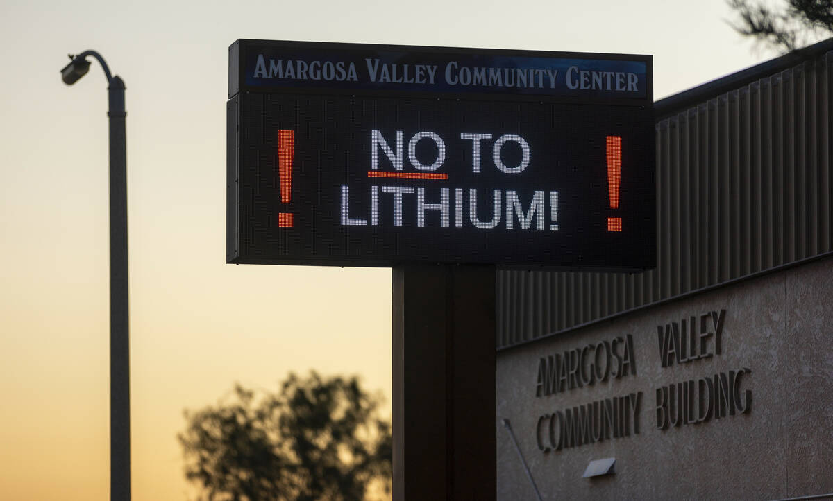 A sign outside the Amargosa Valley Community Building as Rover Critical Minerals hosts a town h ...