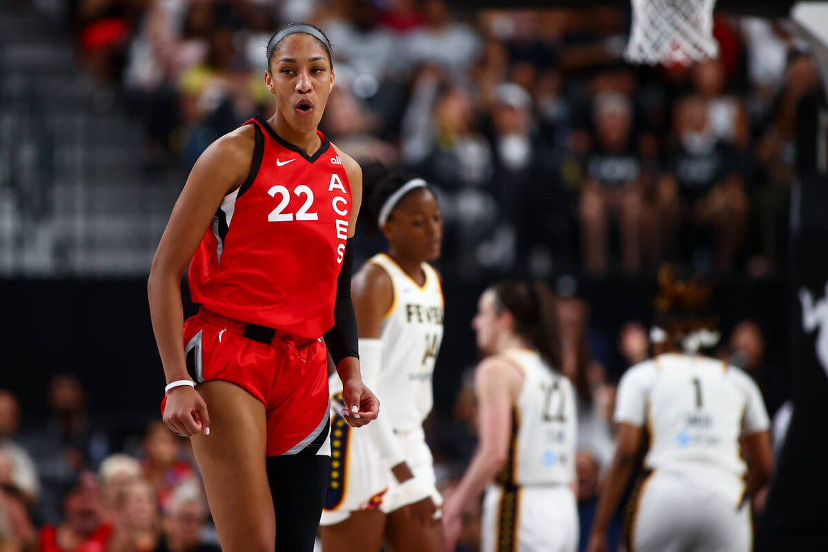 Las Vegas Aces center A'ja Wilson (22) reacts after scoring during the second half of a WNBA ba ...