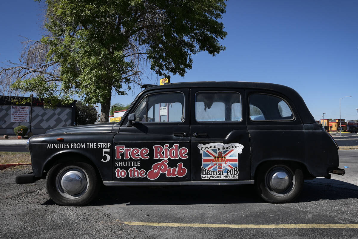 A British taxi at the Crown and Anchor pub at 1350 E Tropicana Avenue is seen Wednesday, July 3 ...