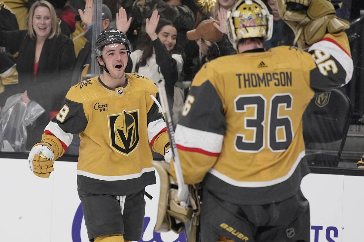 Vegas Golden Knights center Brendan Brisson (19) celebrates after scoring against the Pittsburg ...