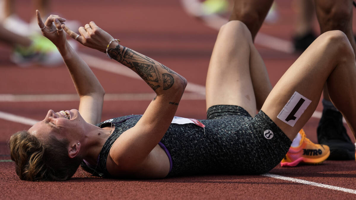 Nikki Hiltz celebrates after winning the women's 1500-meter final during the U.S. Track and Fie ...