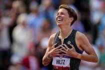 Nikki Hiltz celebrates after winning the women's 1500-meter final during the U.S. Track and Fie ...