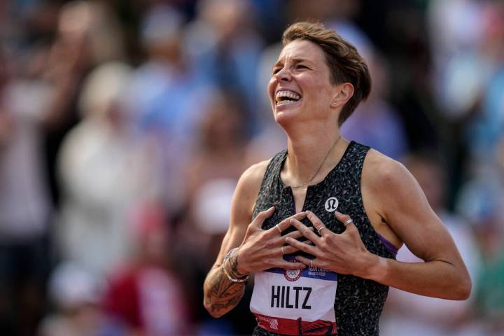 Nikki Hiltz celebrates after winning the women's 1500-meter final during the U.S. Track and Fie ...