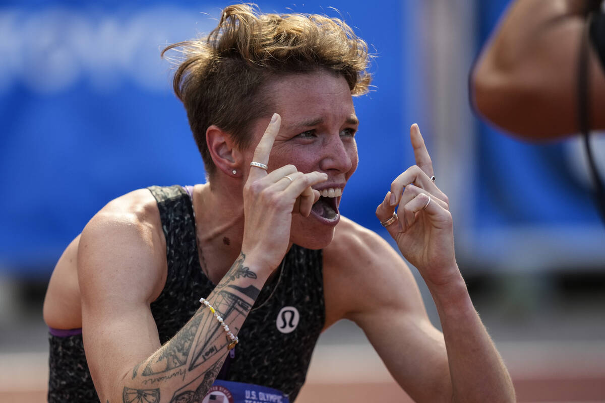 Nikki Hiltz celebrates after winning the women's 1500-meter final during the U.S. Track and Fie ...