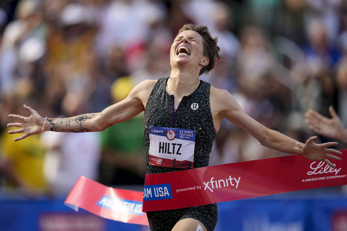 Nikki Hiltz celebrates after winning the women's 1500-meter final during the U.S. Track and Fie ...