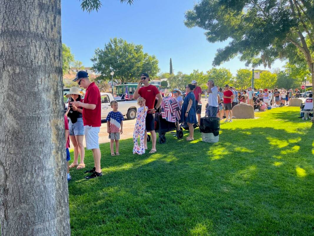 A long line of people waited for pancakes and sausage at a breakfast before Boulder City's 2024 ...