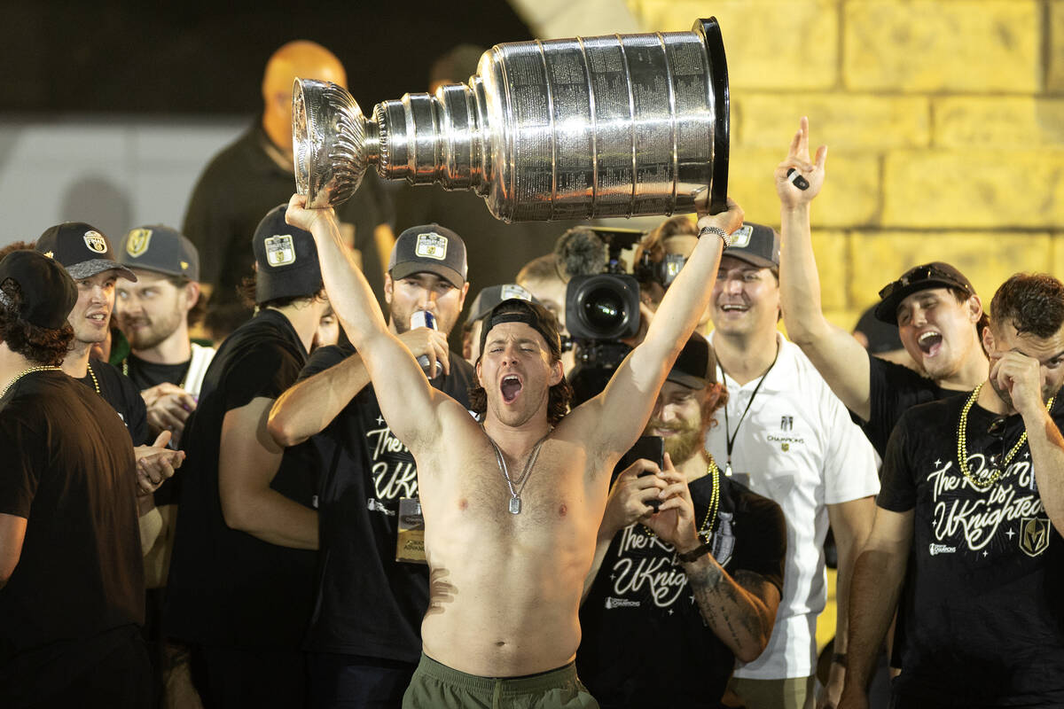 Golden Knights right wing Jonathan Marchessault celebrates with the Stanley Cup during Golden K ...