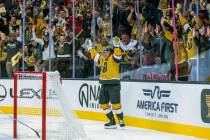Golden Knights right wing Jonathan Marchessault (81) celebrates his first goal of the season ag ...