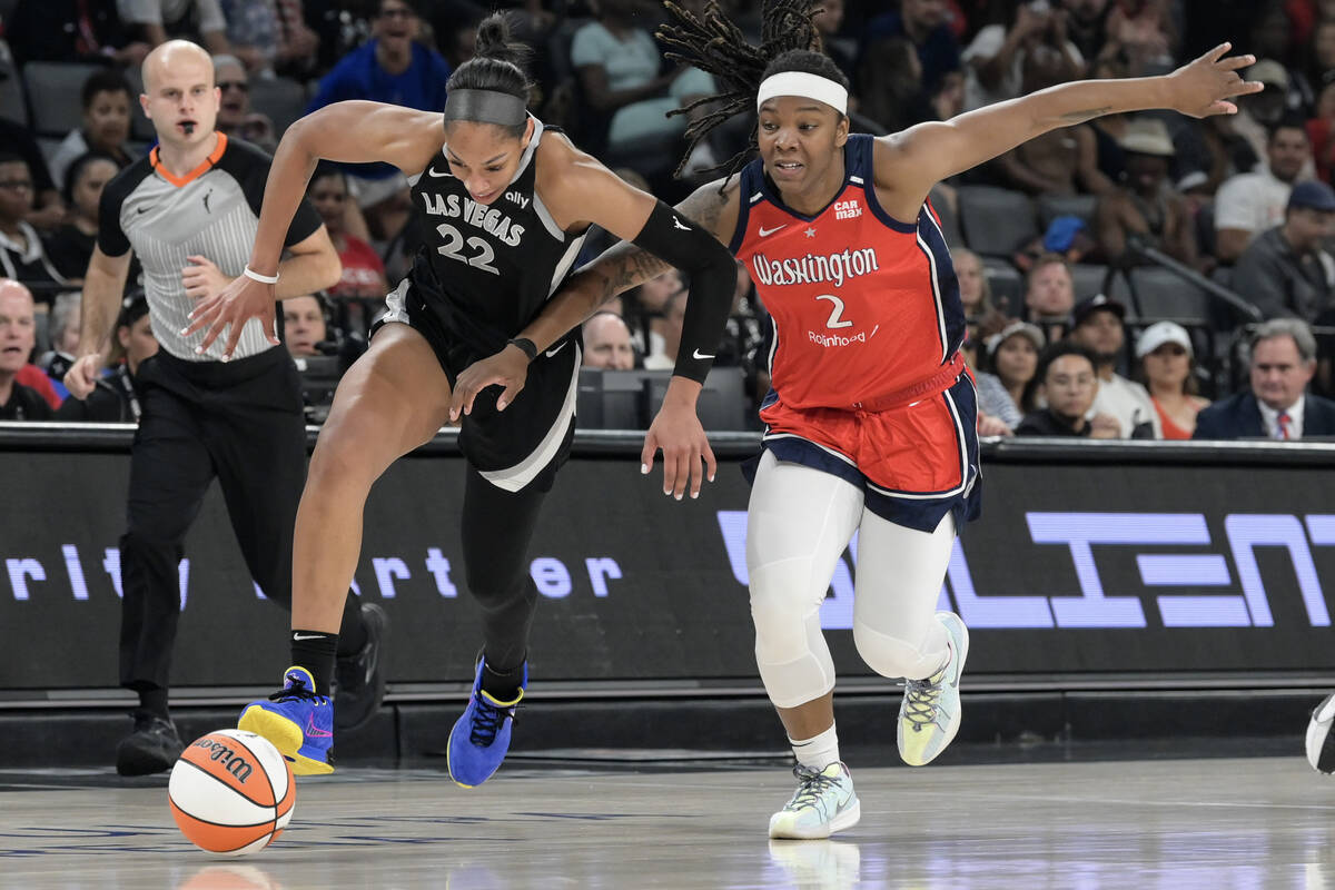 Las Vegas Aces center A'ja Wilson (22) and Washington Mystics forward Myisha Hines-Allen (2) ch ...