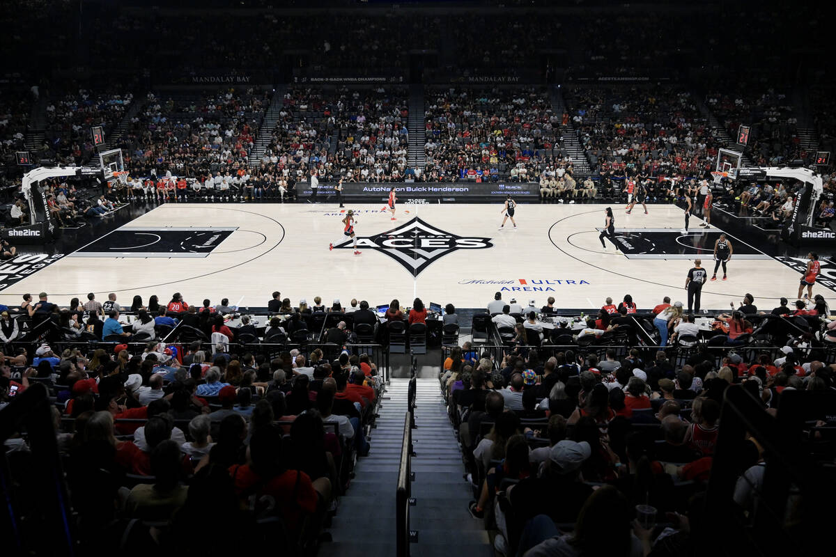 The Las Vegas Aces take on the Washington Mystics during the first half of their WNBA game Thur ...