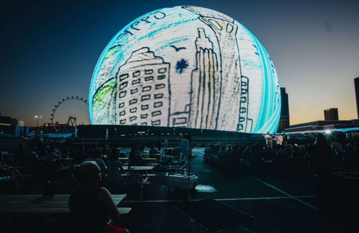 A drawing made by a Clark County student is displayed on the Sphere on Thursday, July 4, 2024, ...